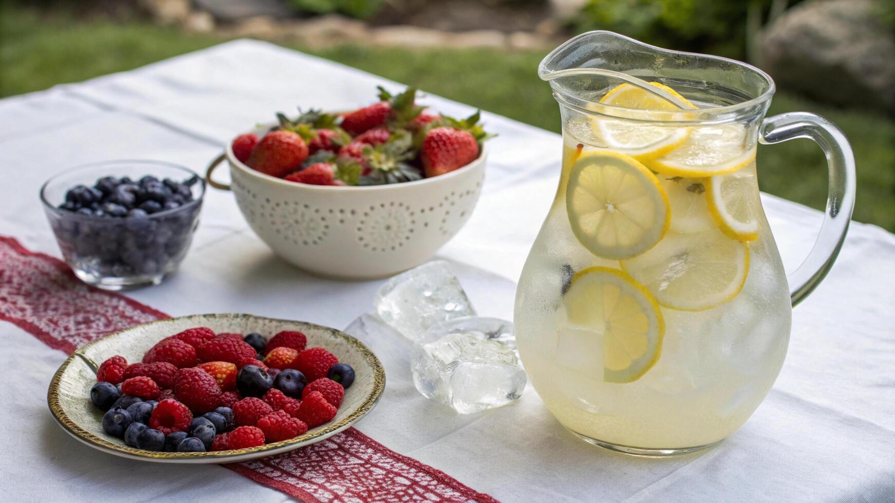 A pitcher of lemonade, berries and a bowl of strawberries photo