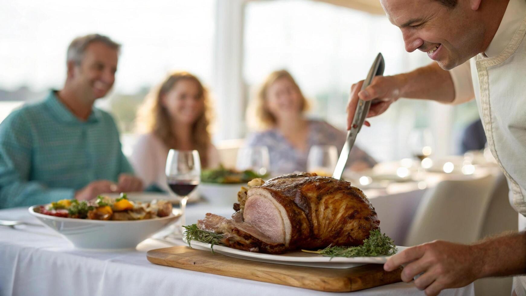 A man is cutting a roast on a plate photo