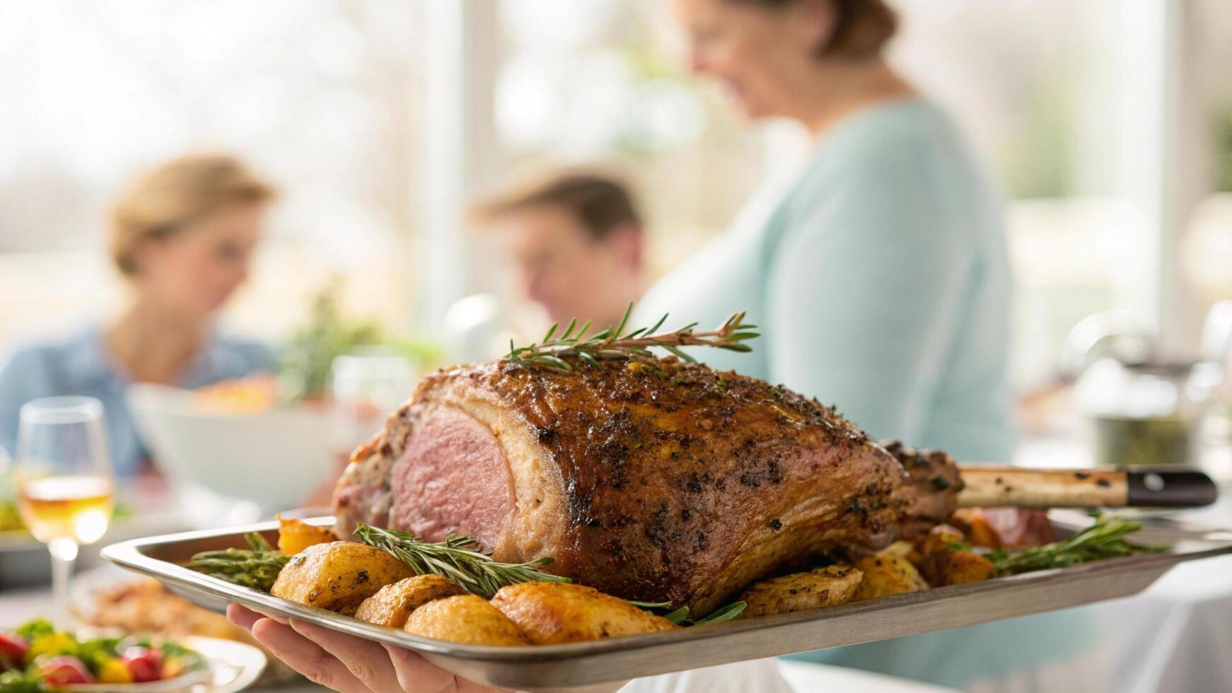 A person holding a large roast on a platter photo