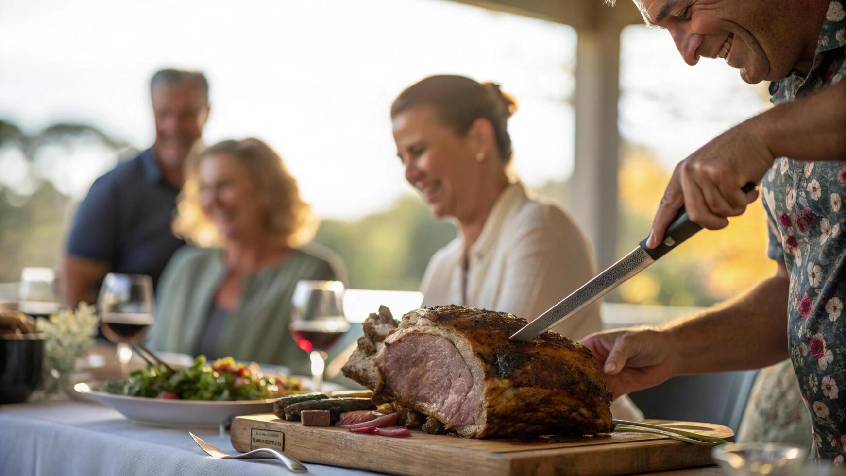 A man cutting a roast on a table with people around photo