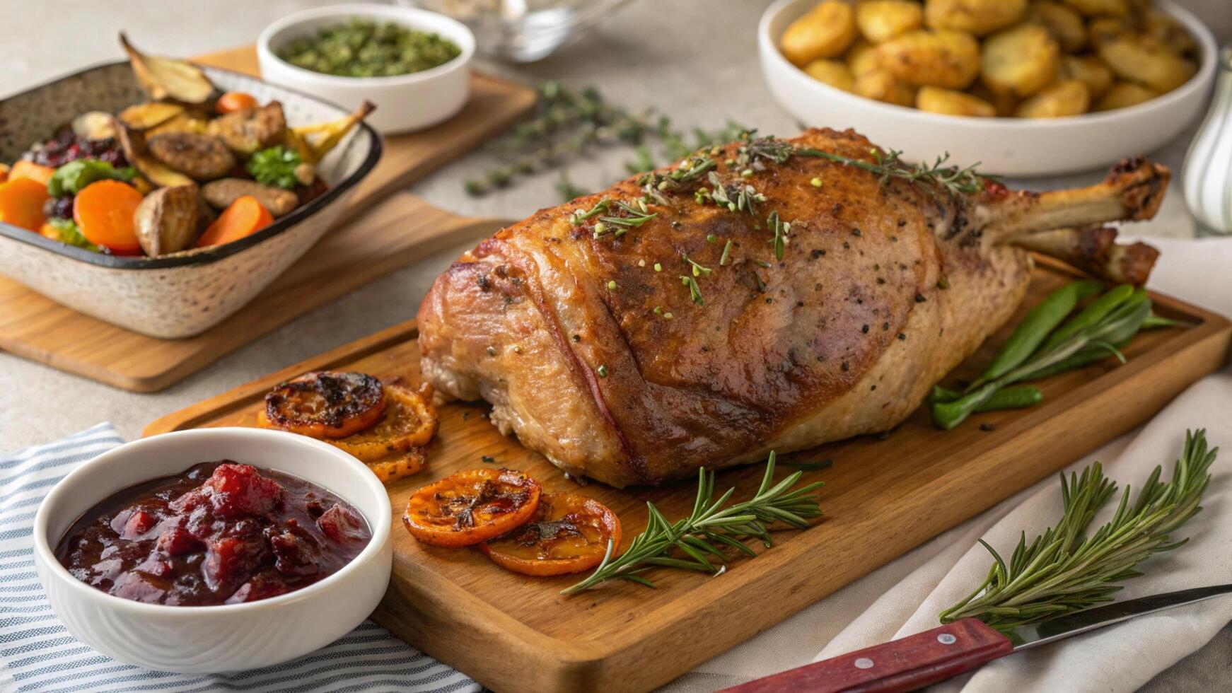 Roast turkey with vegetables and potatoes on a cutting board photo