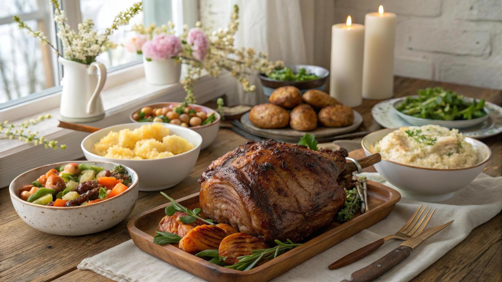 A table with a roast, potatoes, vegetables and other dishes photo