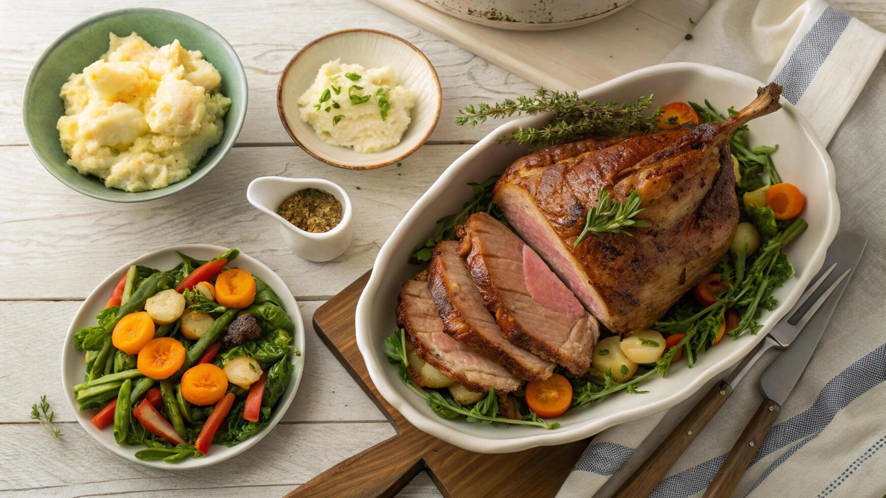 A roast turkey with vegetables and potatoes on a wooden table photo