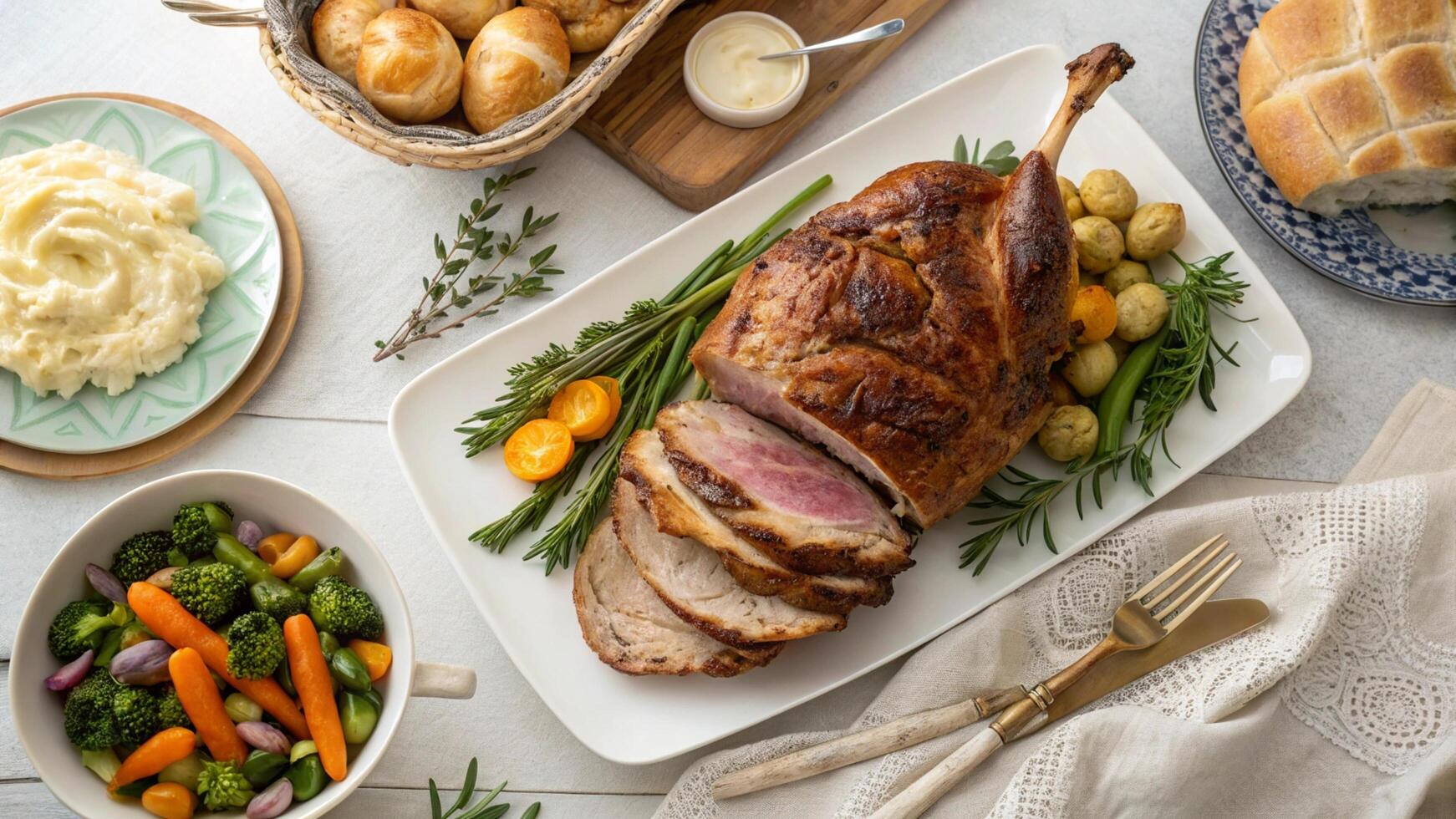 Roast turkey with vegetables and potatoes on a white table photo