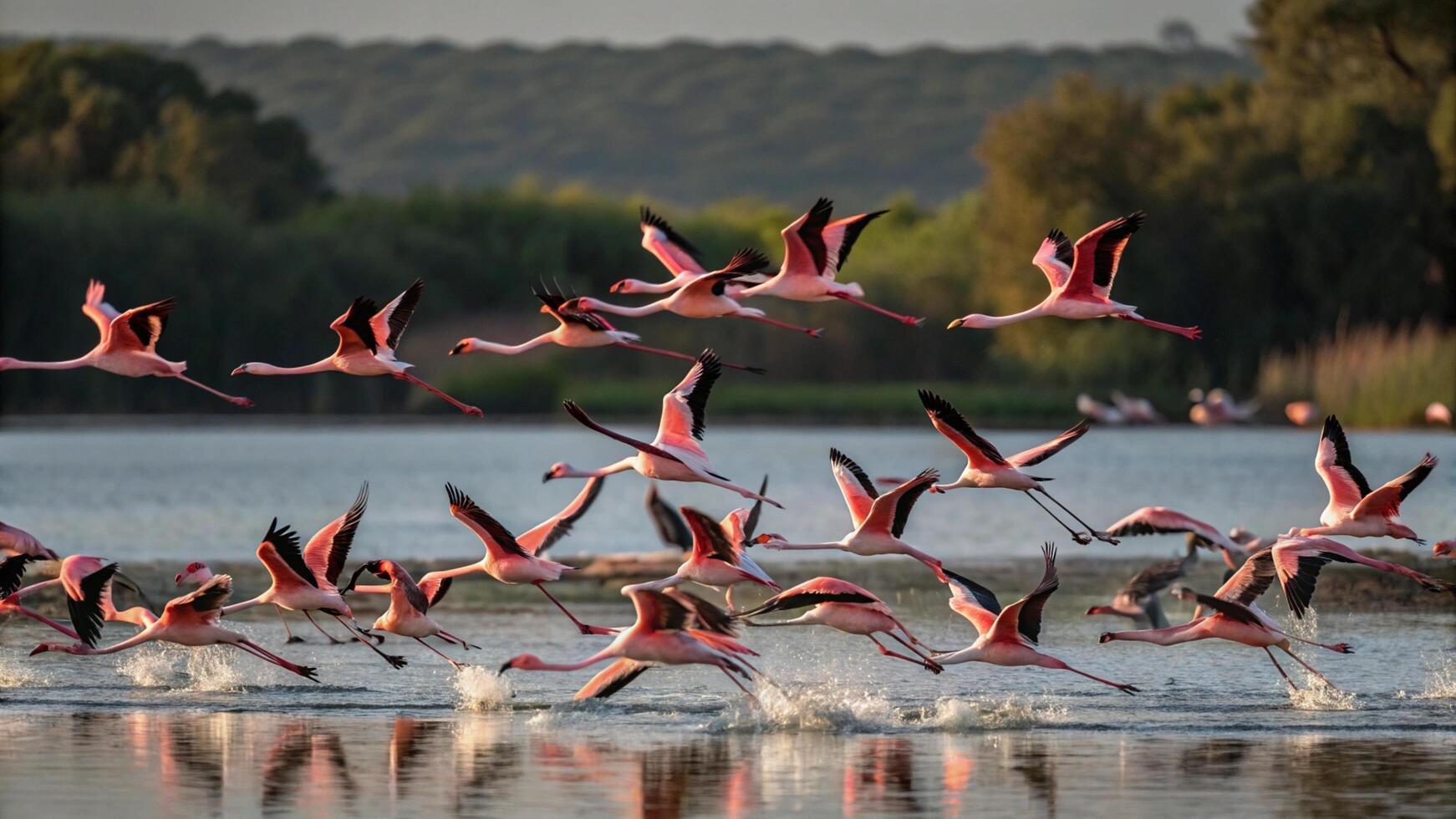 A flock of flamingos flying over a lake photo