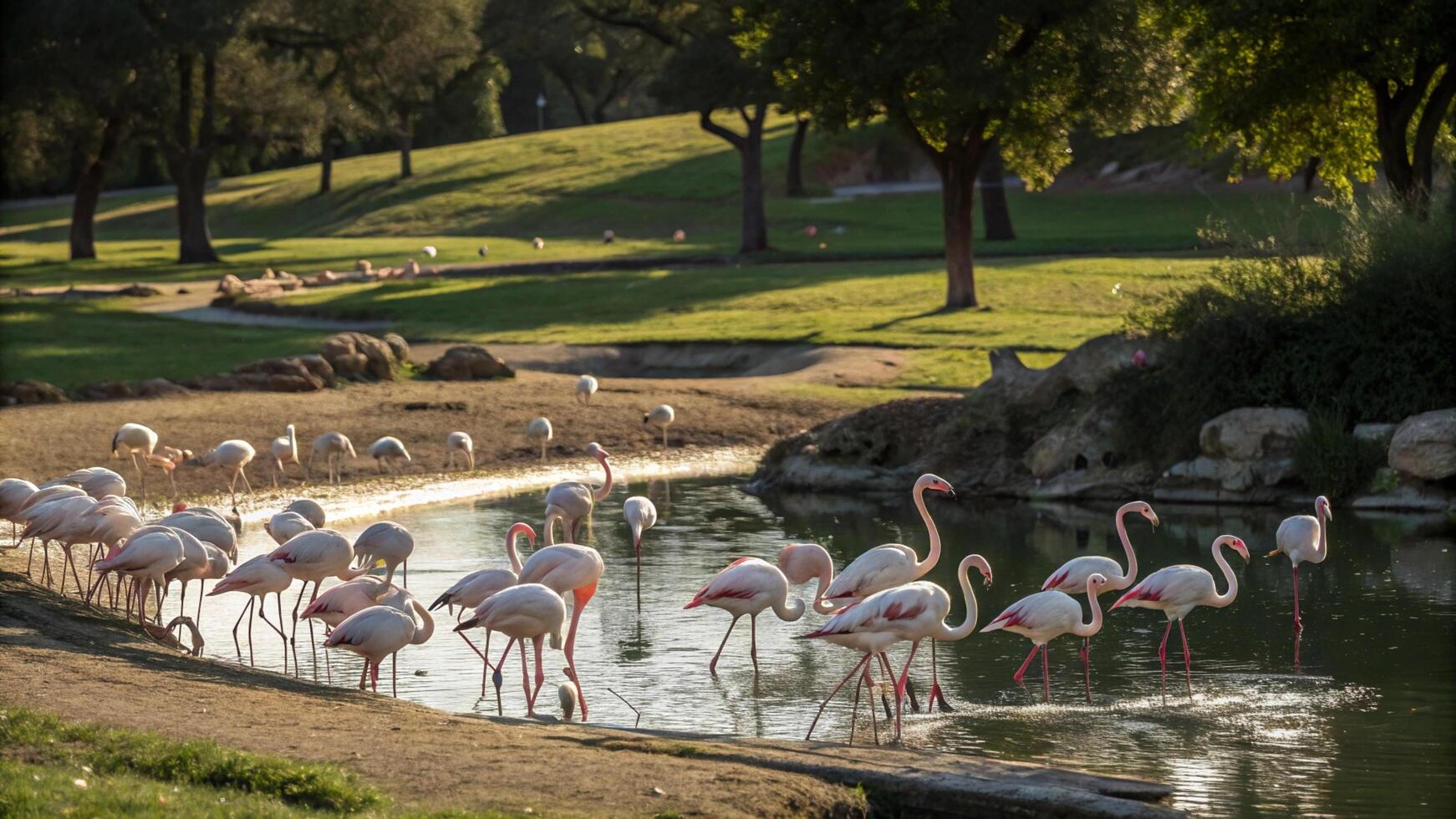 A flock of flamingos are standing in the water photo