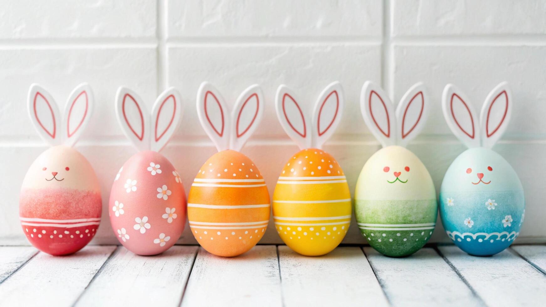 Easter eggs with colorful bunny faces on a white background photo