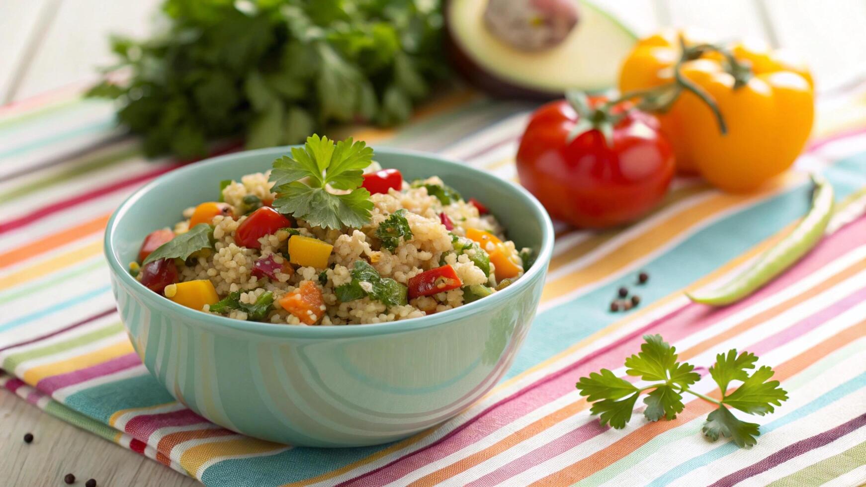 A colorful bowl of quinoa salad with vegetables and peppers photo
