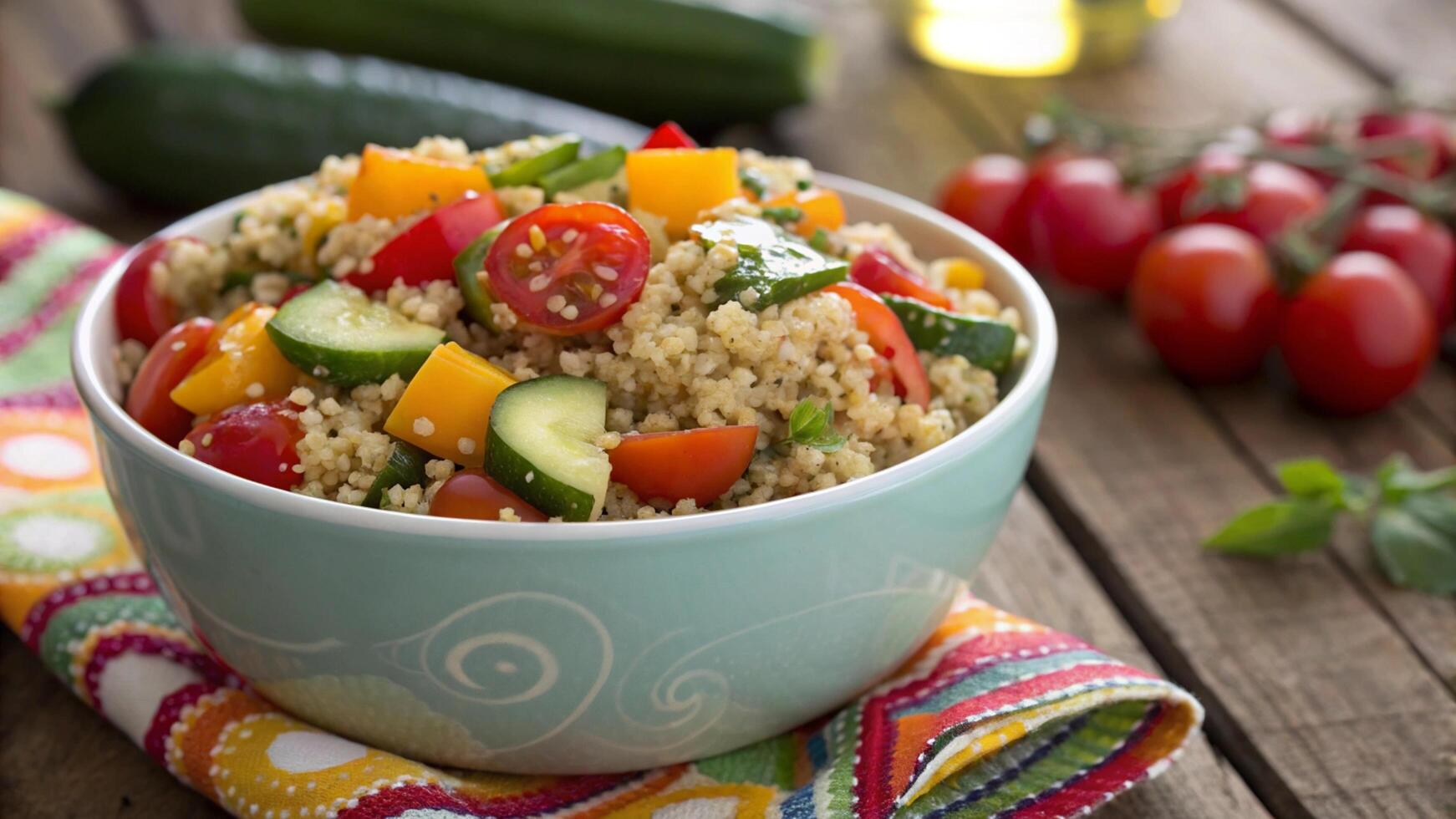 A bowl of quinoa salad with tomatoes, cucumbers and peppers photo