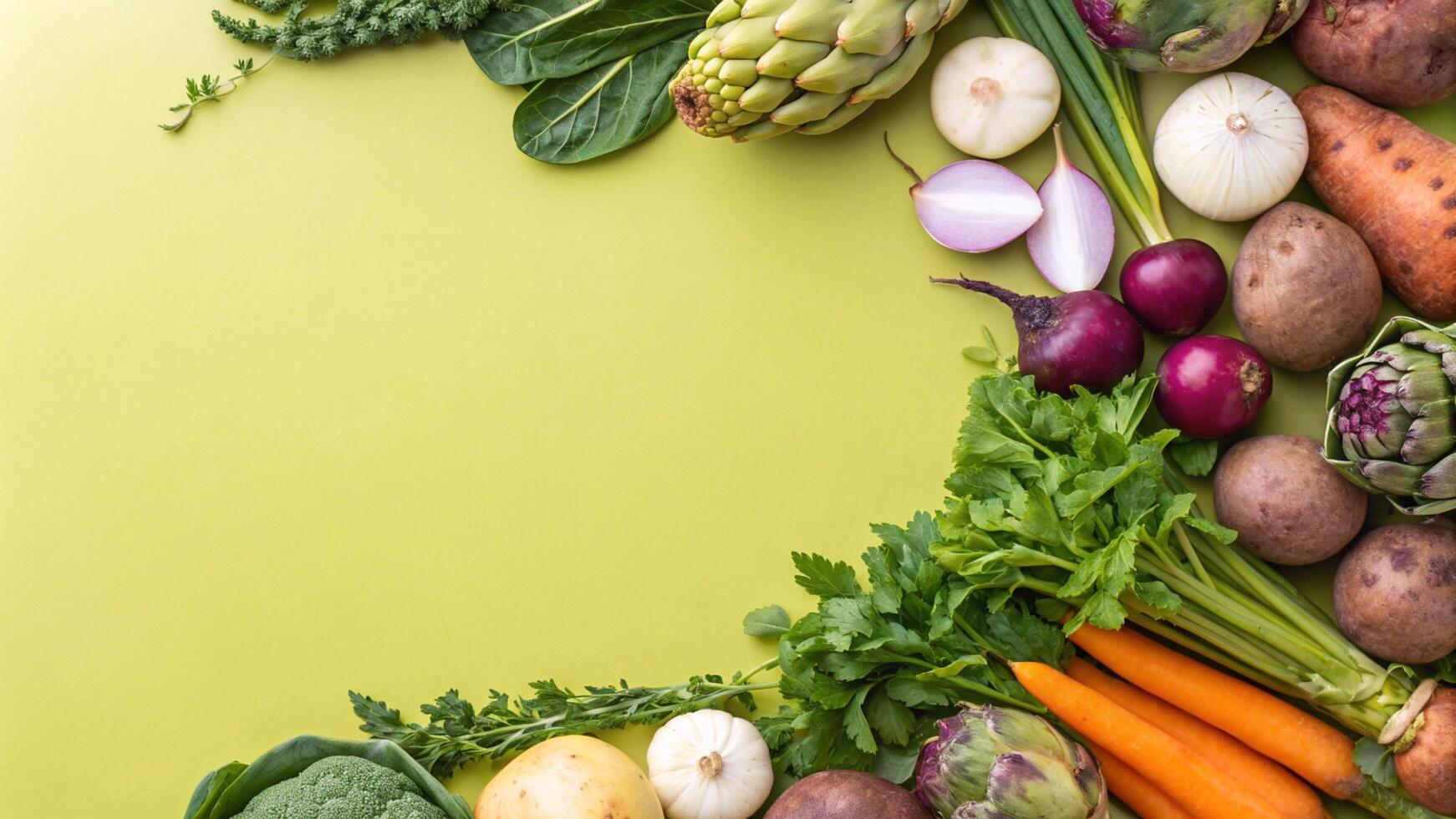 Fresh vegetables arranged in a circle on a green background photo