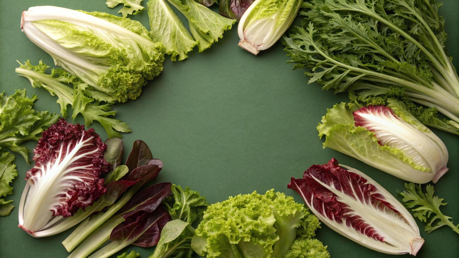 Fresh green leafy vegetables arranged in a circle on a green background photo