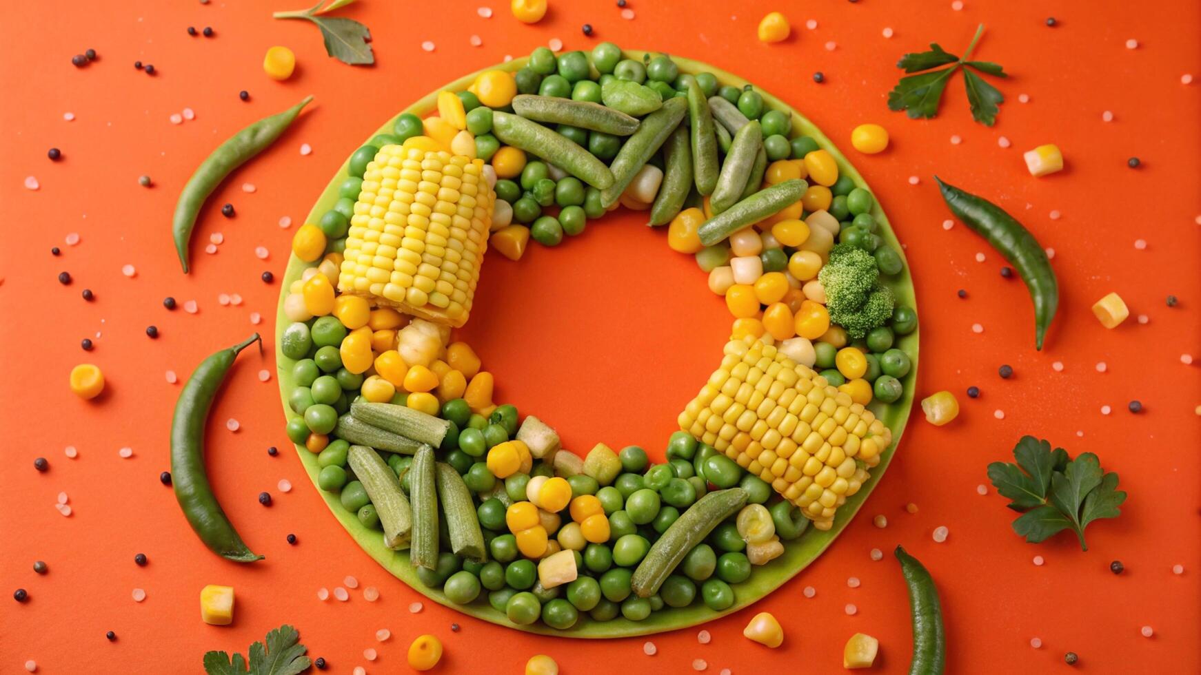 A wreath made of vegetables and corn on an orange background photo