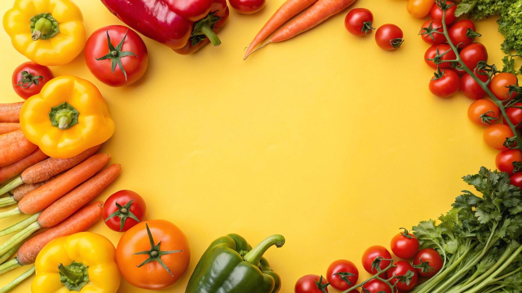 Fresh vegetables and fruits arranged in a circle on a yellow background photo
