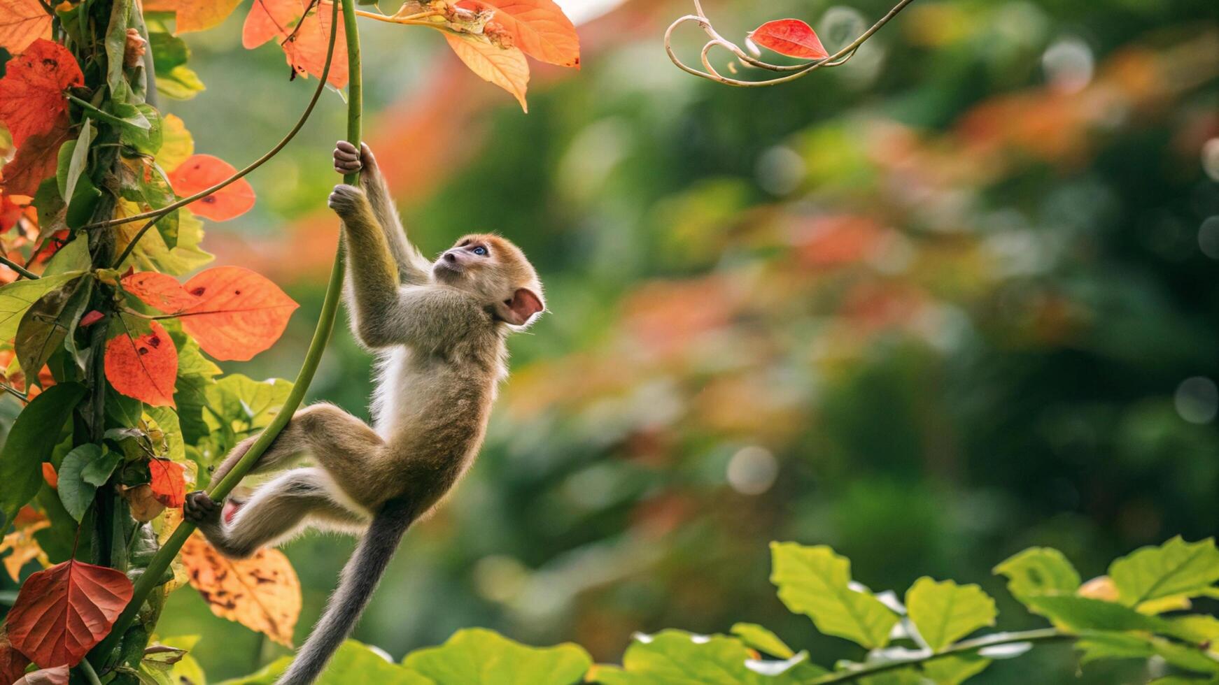 A monkey climbing up a tree branch with leaves photo