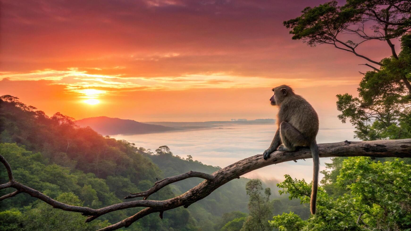 A monkey sits on a branch overlooking the mountains at sunset photo