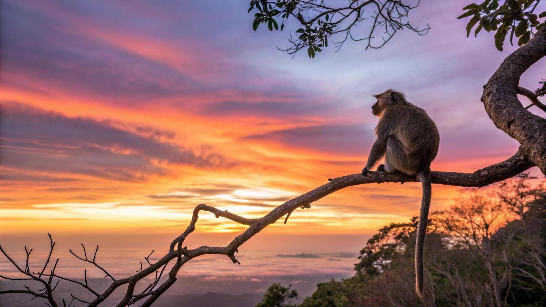 A monkey sits on a branch at sunset photo