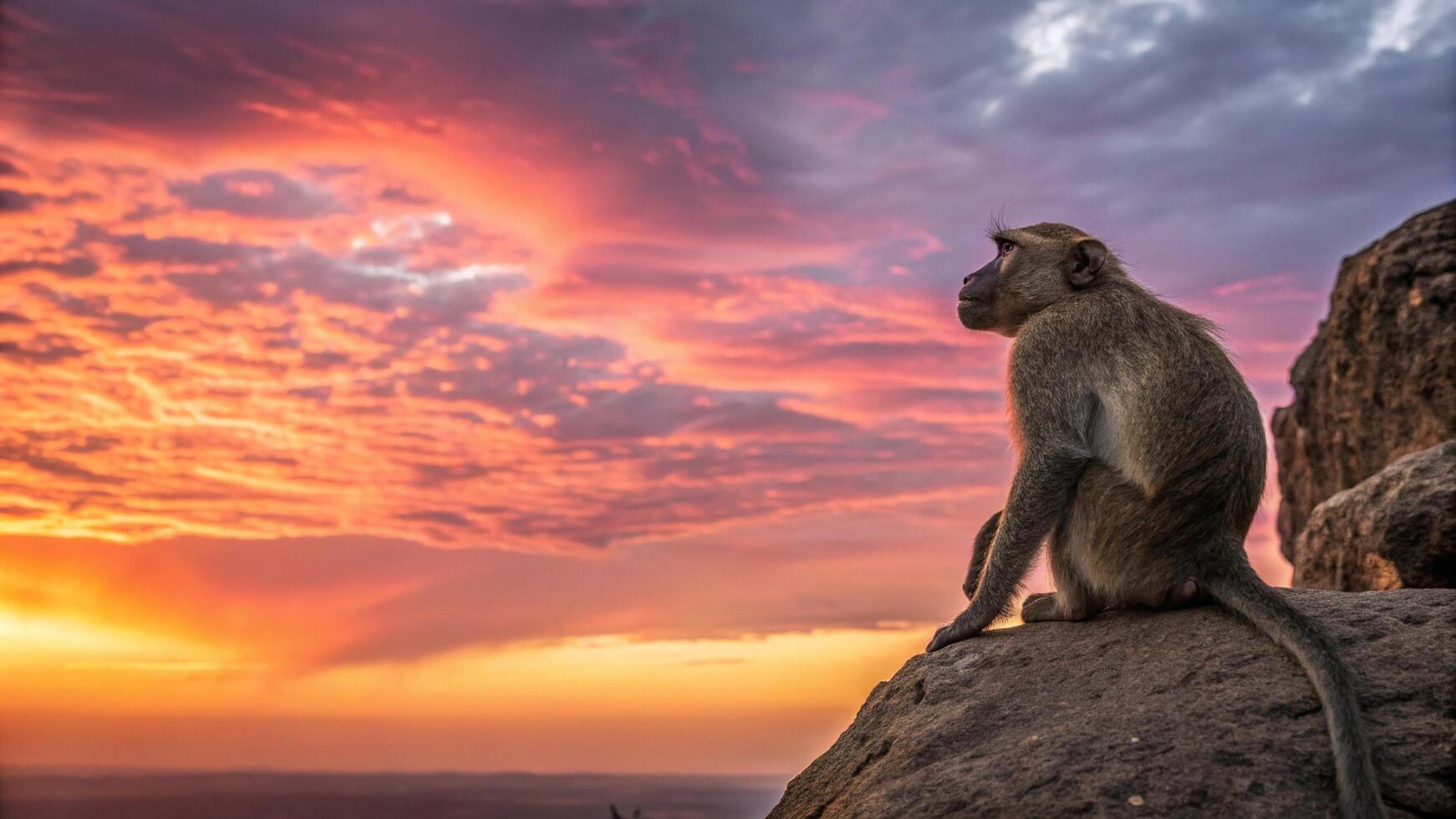 A baboon sits on a rock at sunset photo