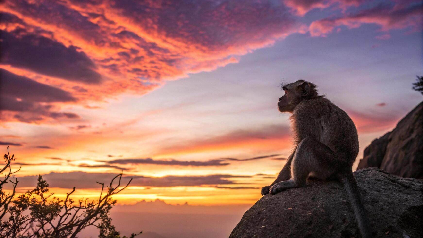 A monkey sits on a rock at sunset photo