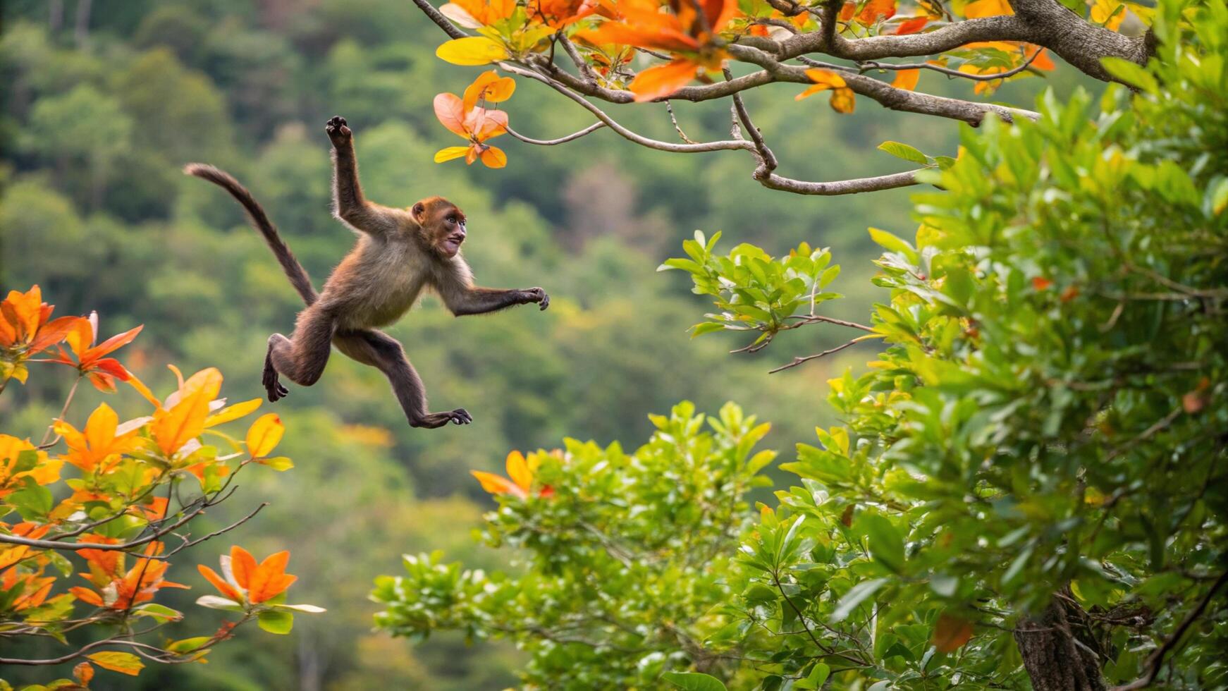 A monkey jumping in the air in front of a tree photo