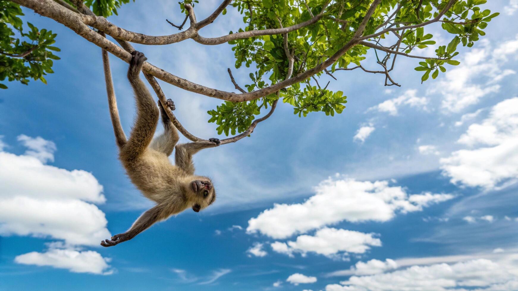 A monkey hanging from a tree branch with its head up photo
