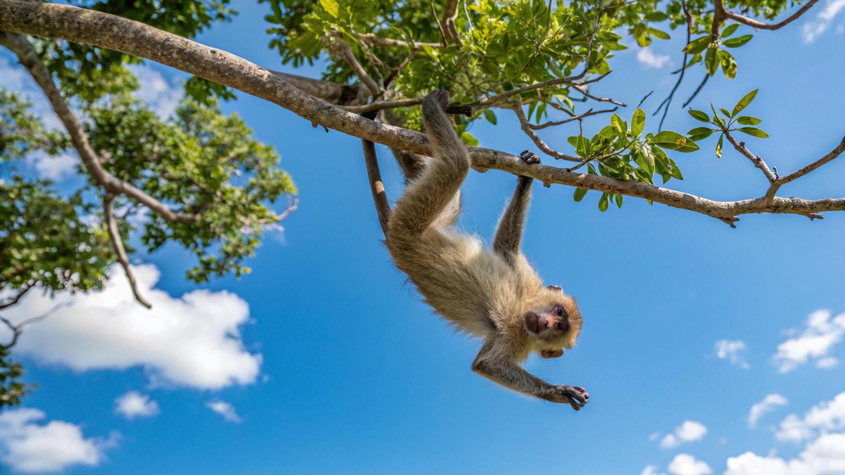A monkey hanging upside down from a tree branch photo
