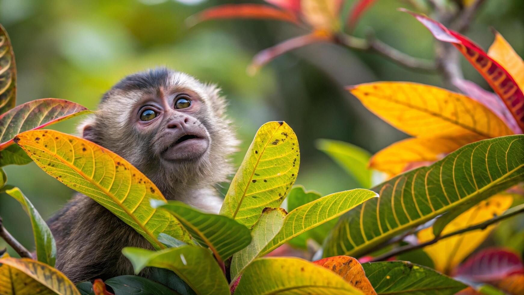 A monkey is looking up at the camera in the leaves photo