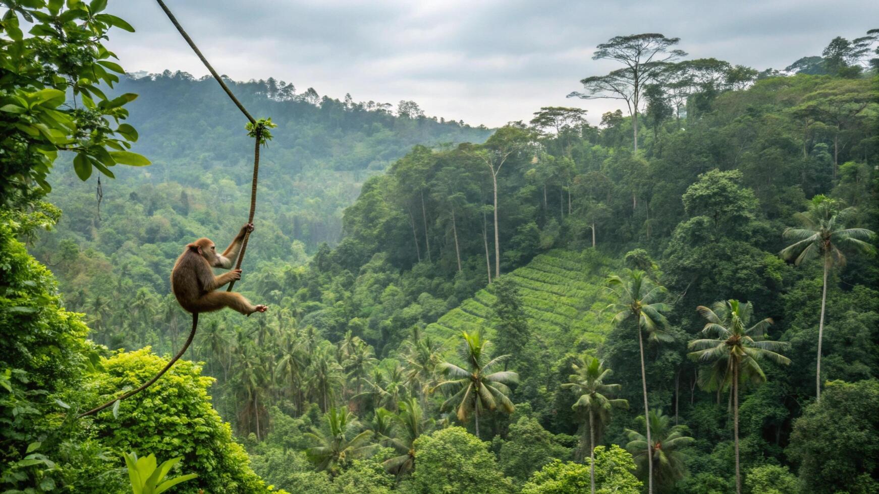 A monkey hanging from a rope in the jungle photo