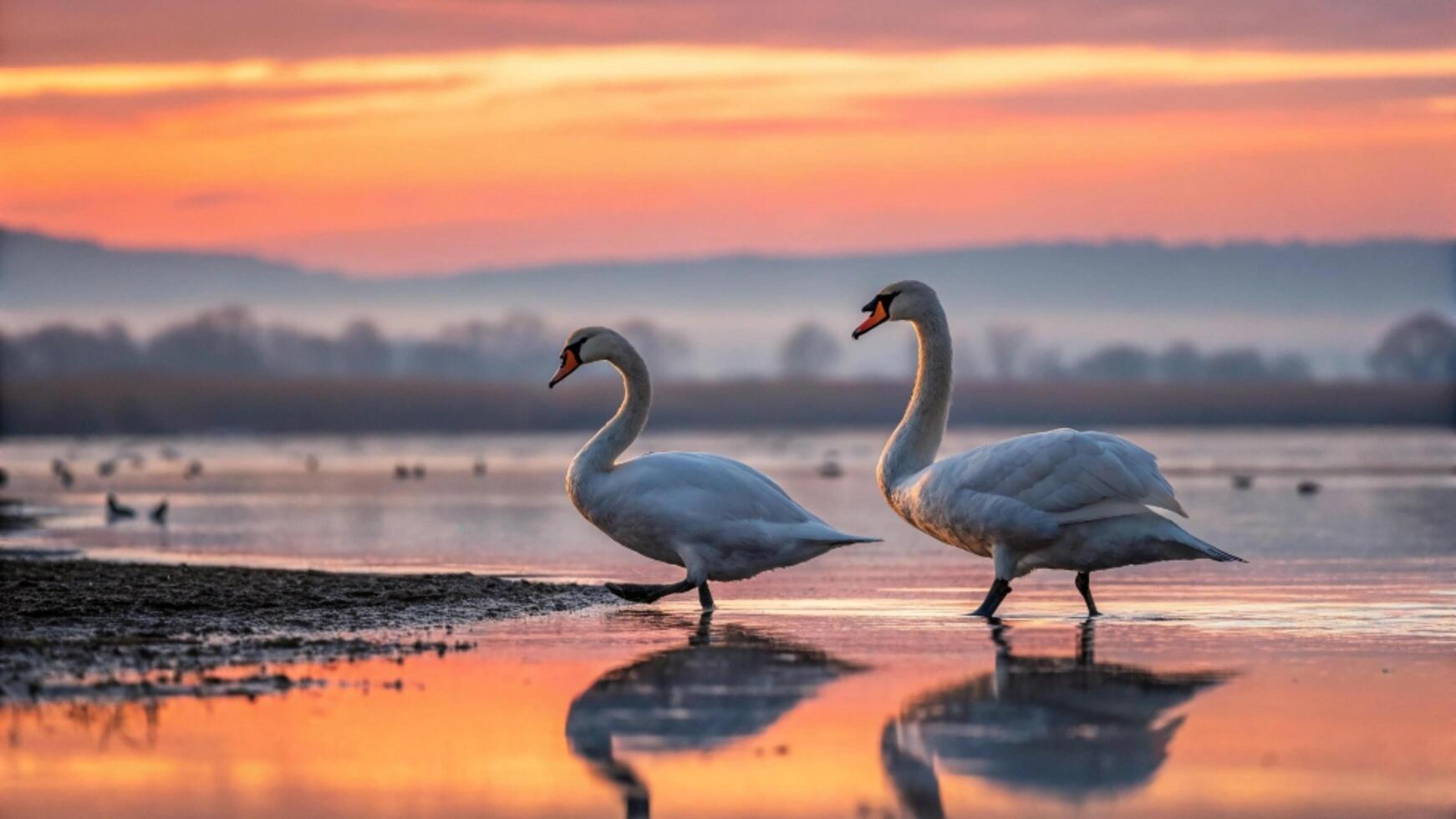 Two swans walking on the shore of a lake at sunset photo