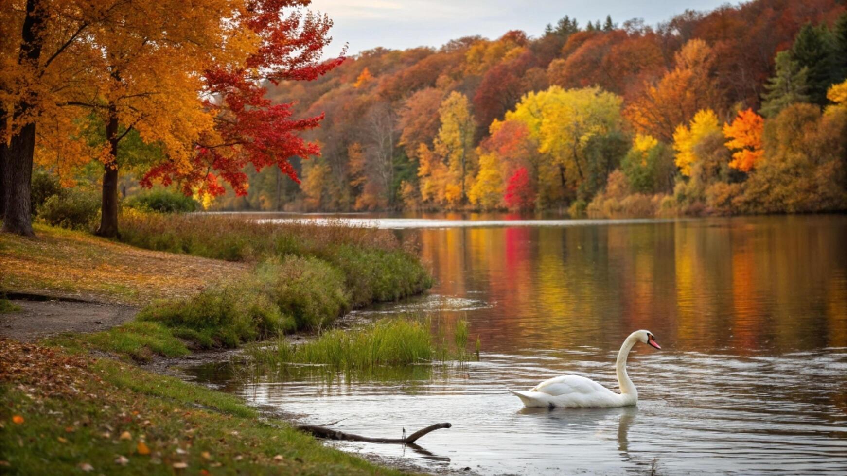 A swan swimming in the water surrounded by colorful trees photo