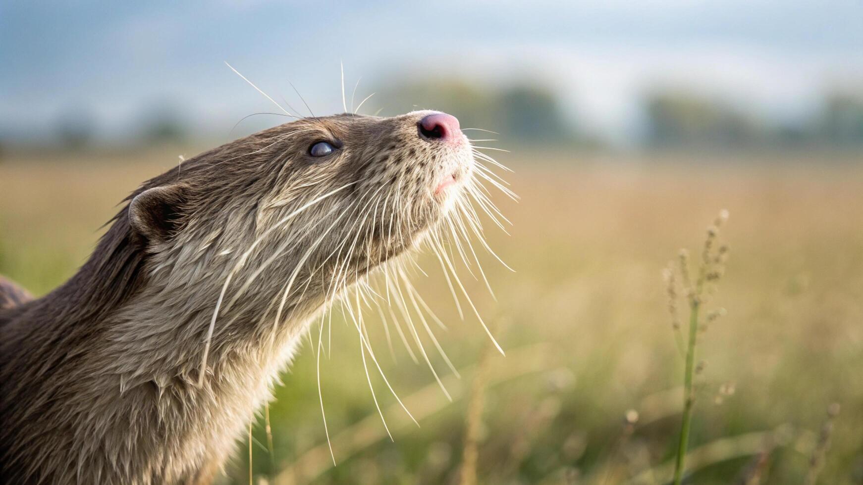 An otter looking up at the sky in a field photo