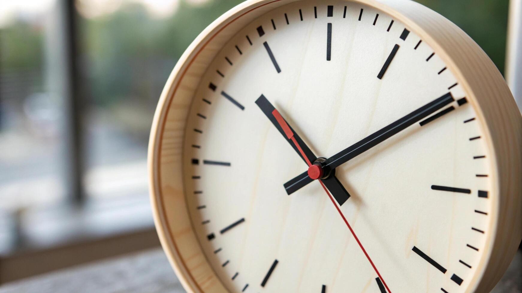 A wooden clock with black hands and red hands photo