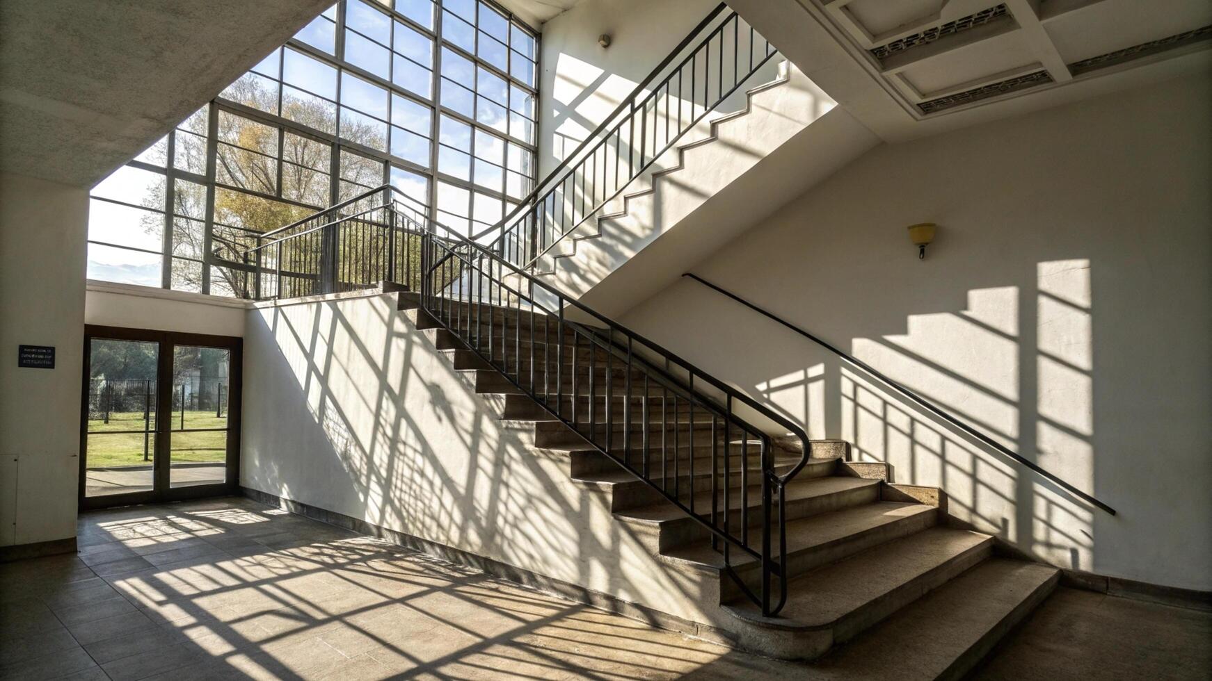 The sun shines through the windows of a building photo