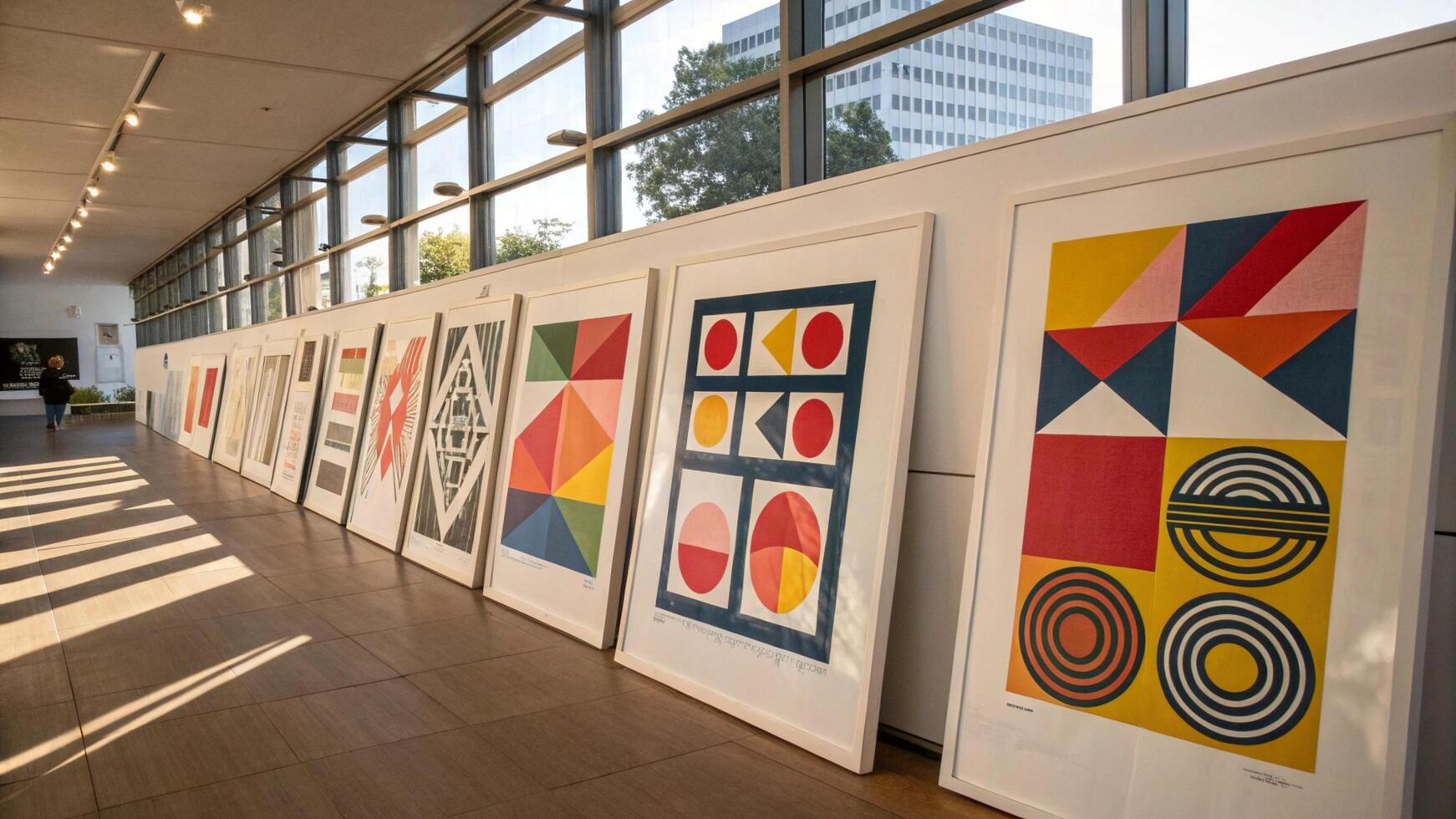 A long line of framed art on a wall photo