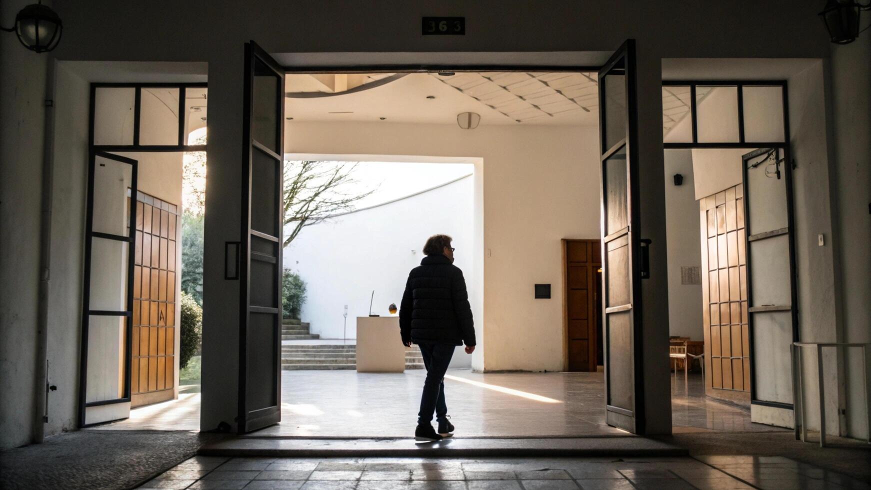A person walking into an open door photo