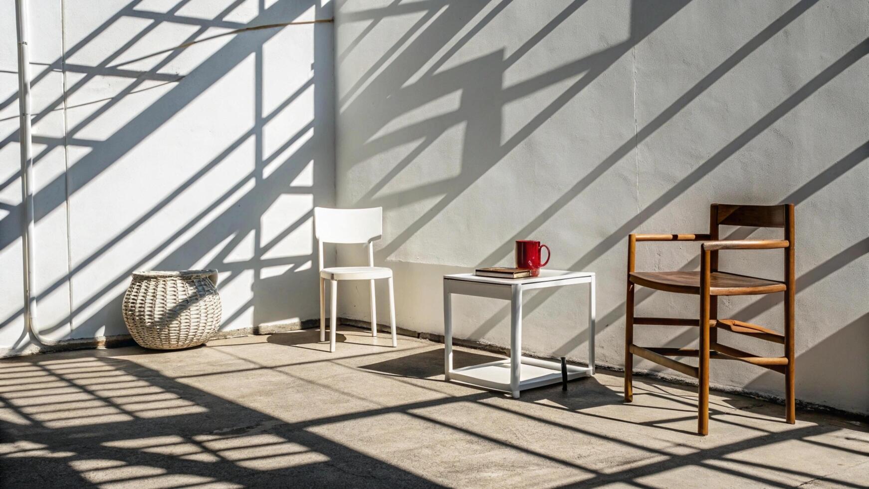 Two chairs and a table in a room with sunlight photo