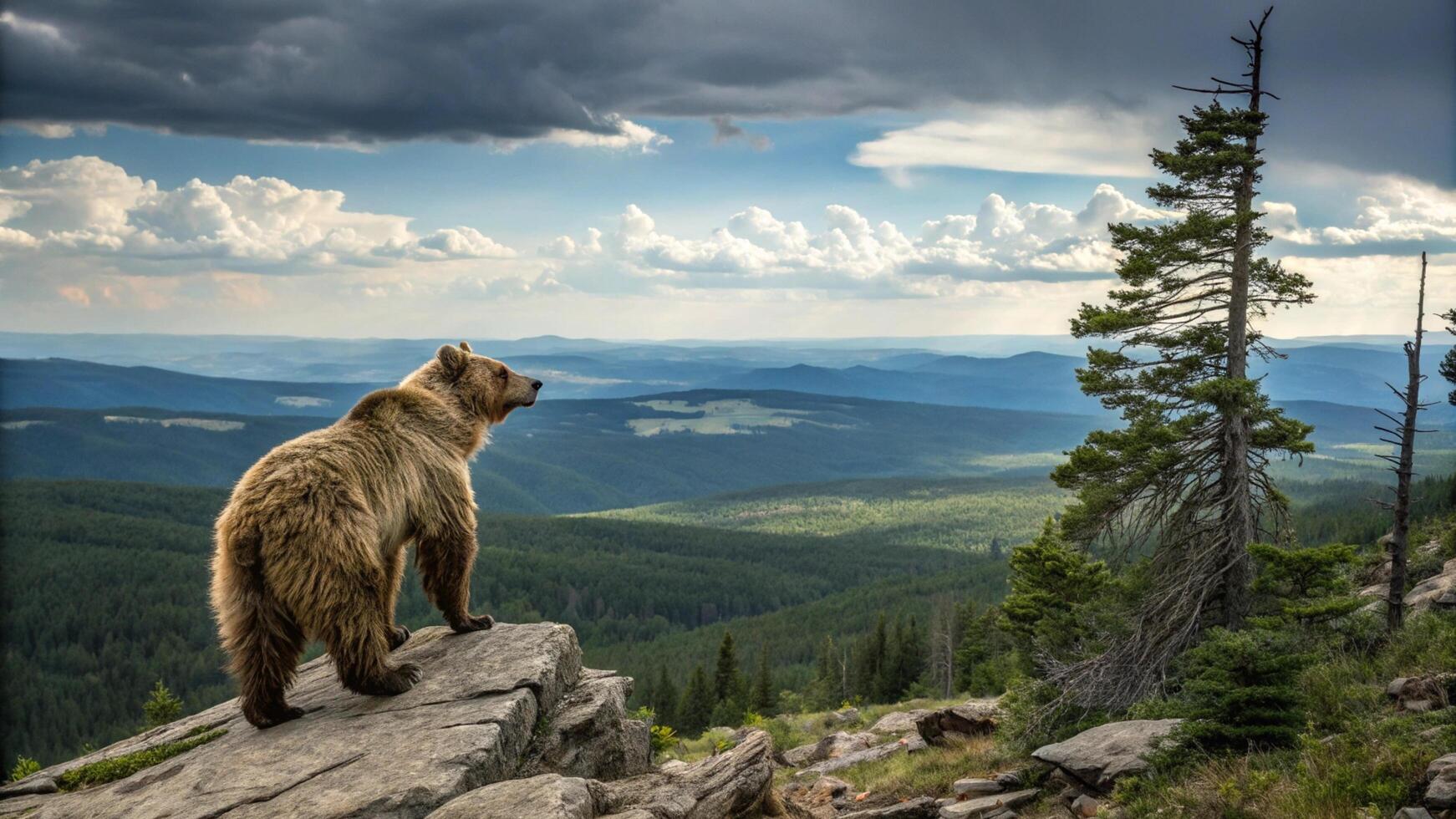 A grizzly bear stands on a rock overlooking the mountains photo