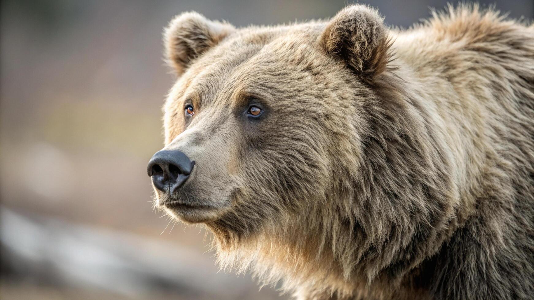 A close up of a brown bear looking to the side photo