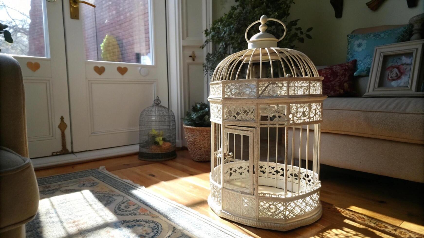 A bird cage sitting on the floor in front of a door photo