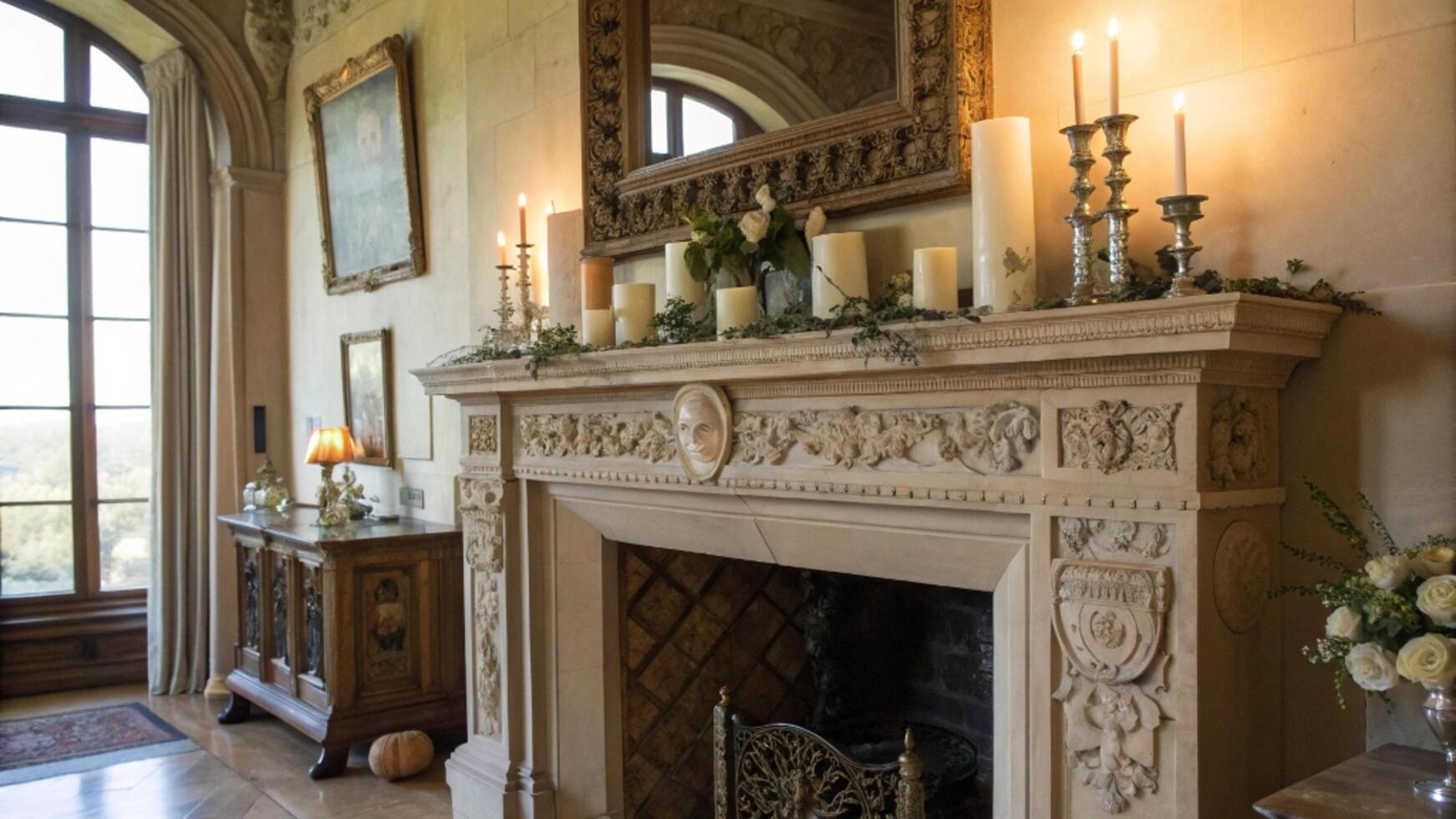 A fireplace with candles and a mirror in a room photo