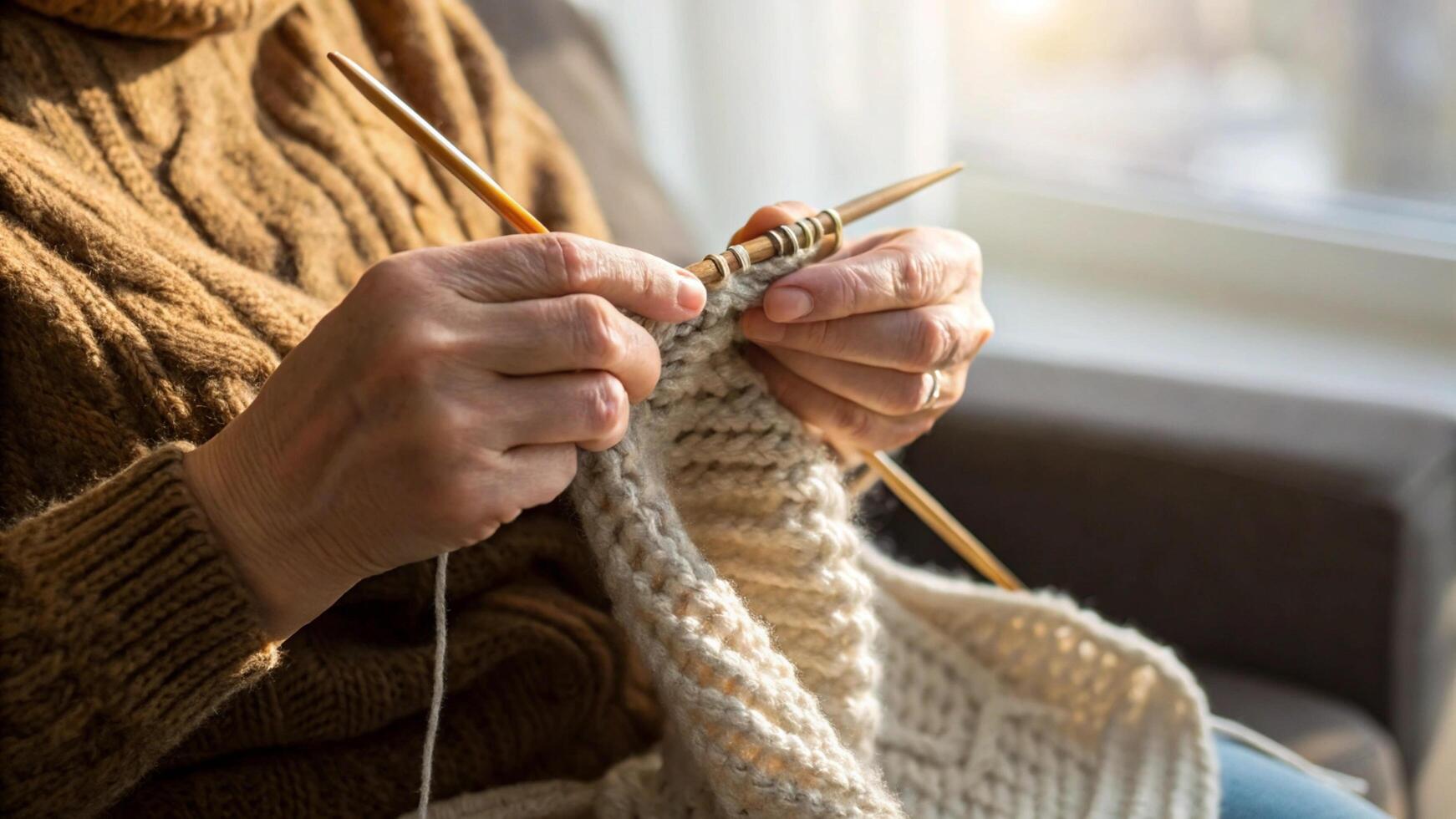 A woman is knitting a sweater with a pair of knitting needles photo