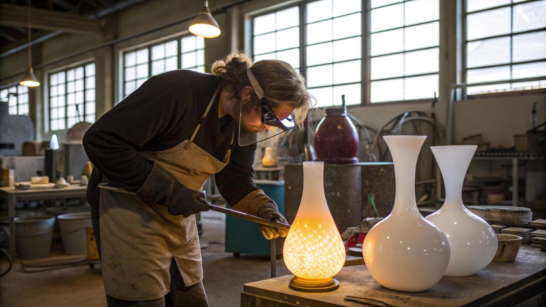 A man is working on a lamp in a glass blowing studio photo