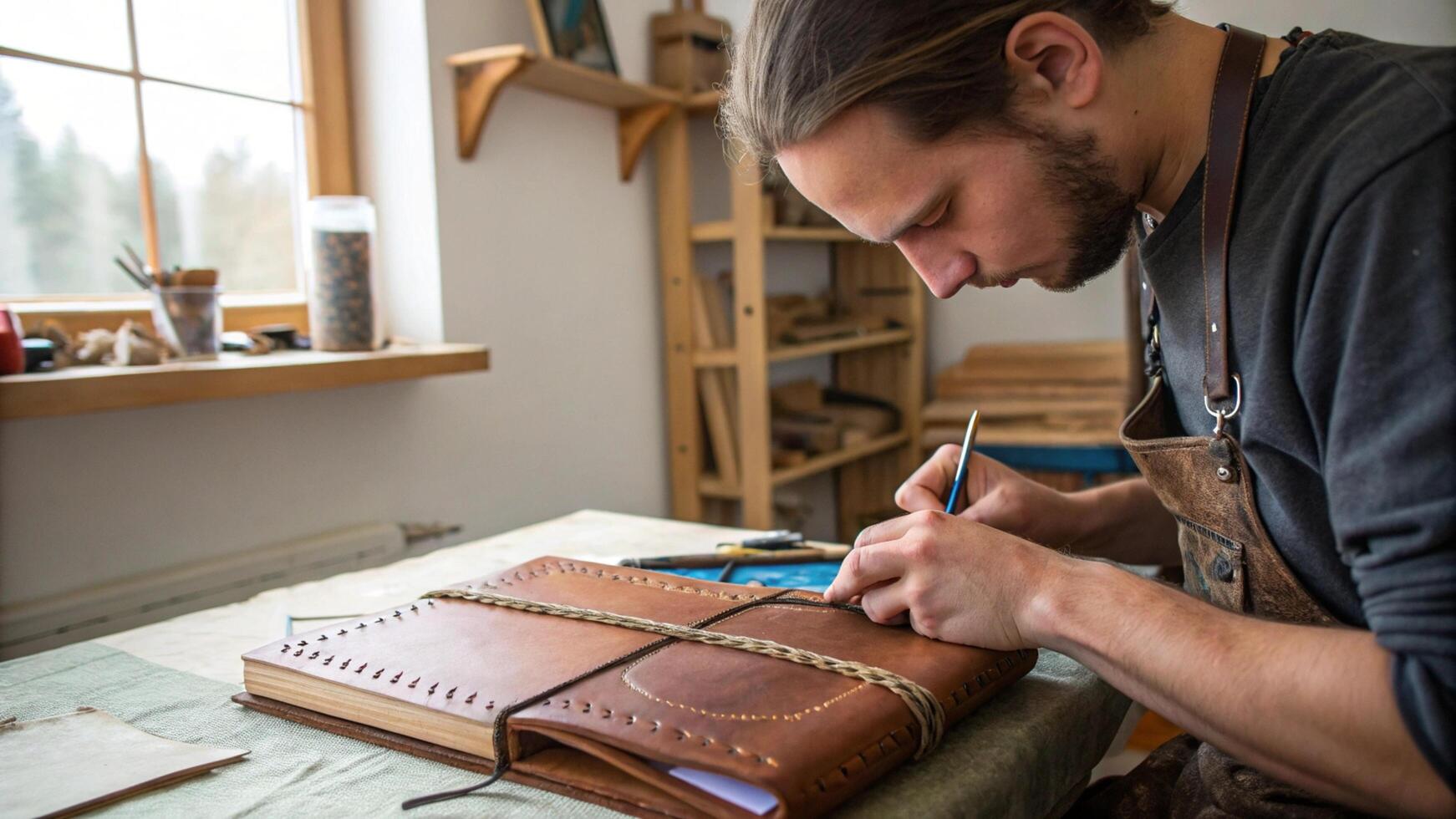 A man is working on a leather notebook photo