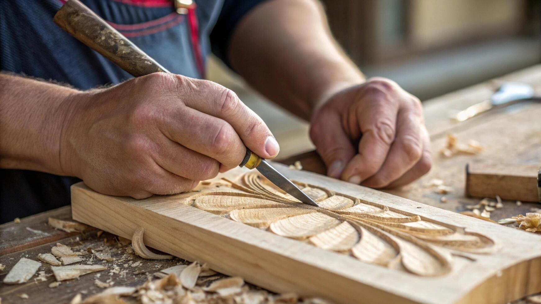 A man is working on a piece of wood with a knife photo