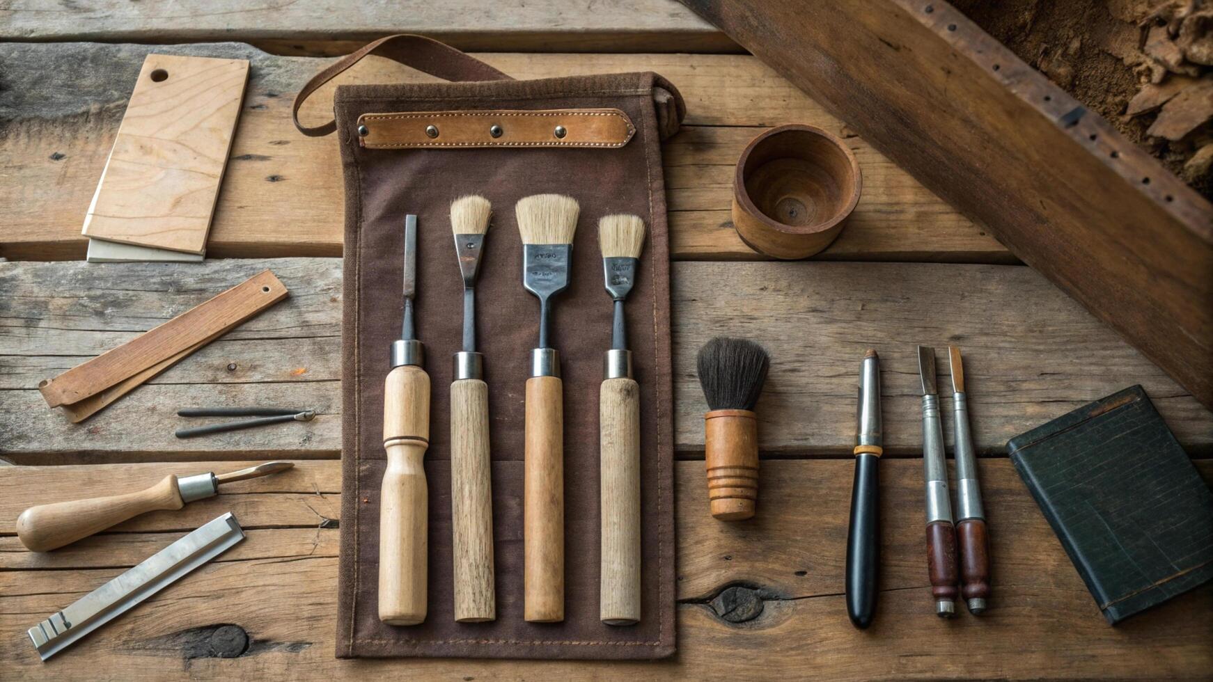 A variety of tools and tools are laid out on a wooden table photo