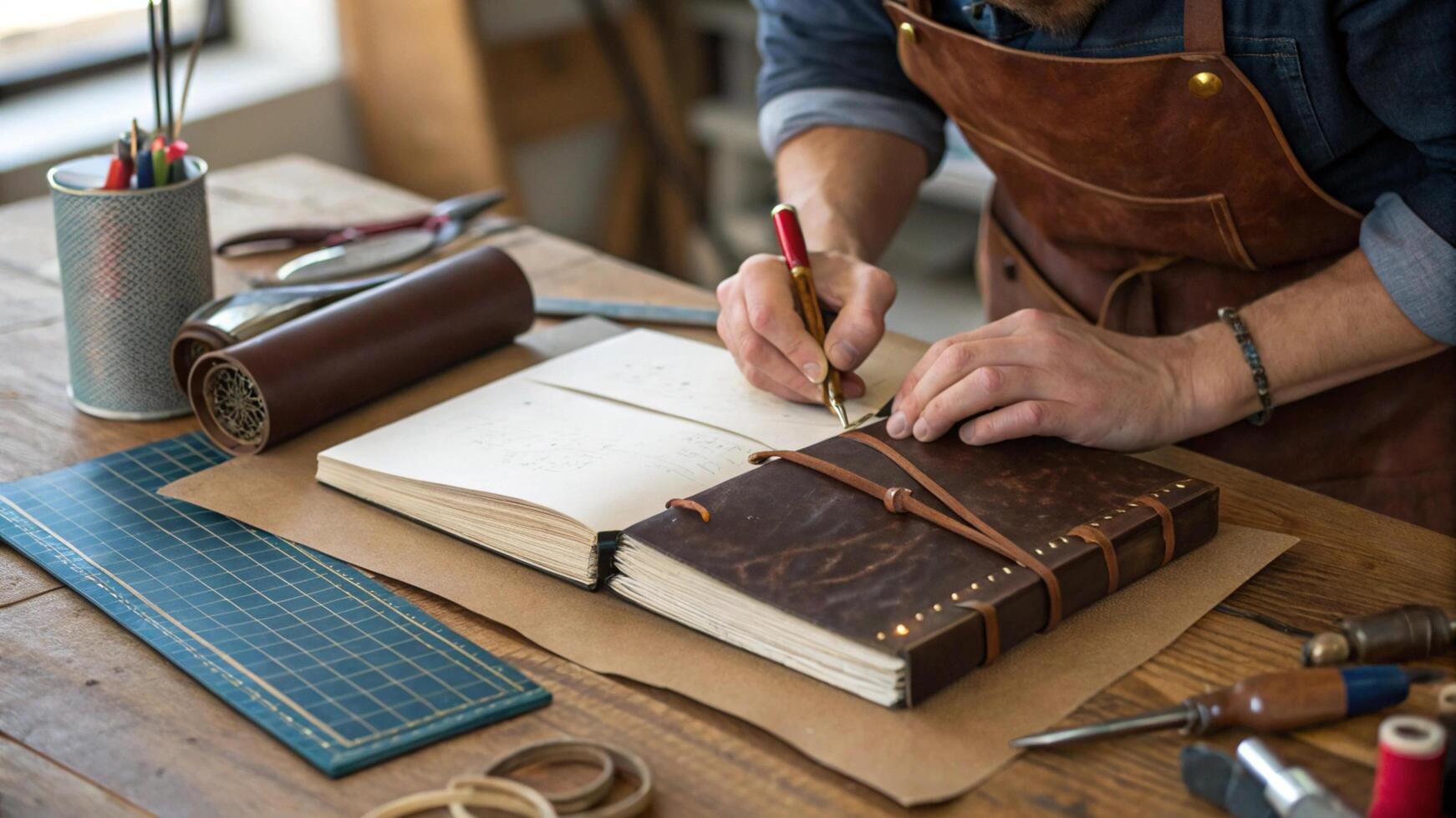 A man is working on a leather book with a pen photo
