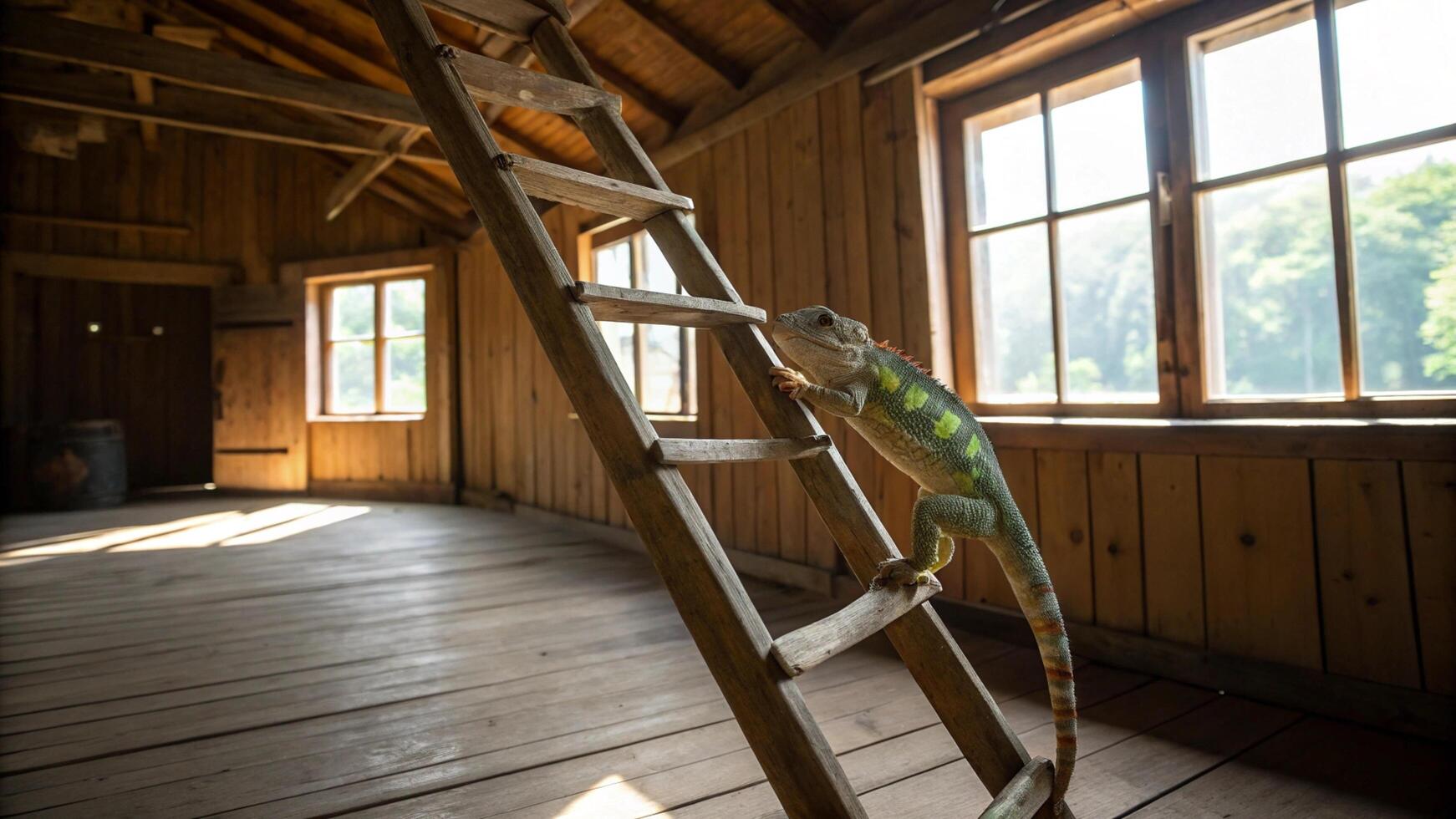 An iguana climbing up a ladder in an old house photo