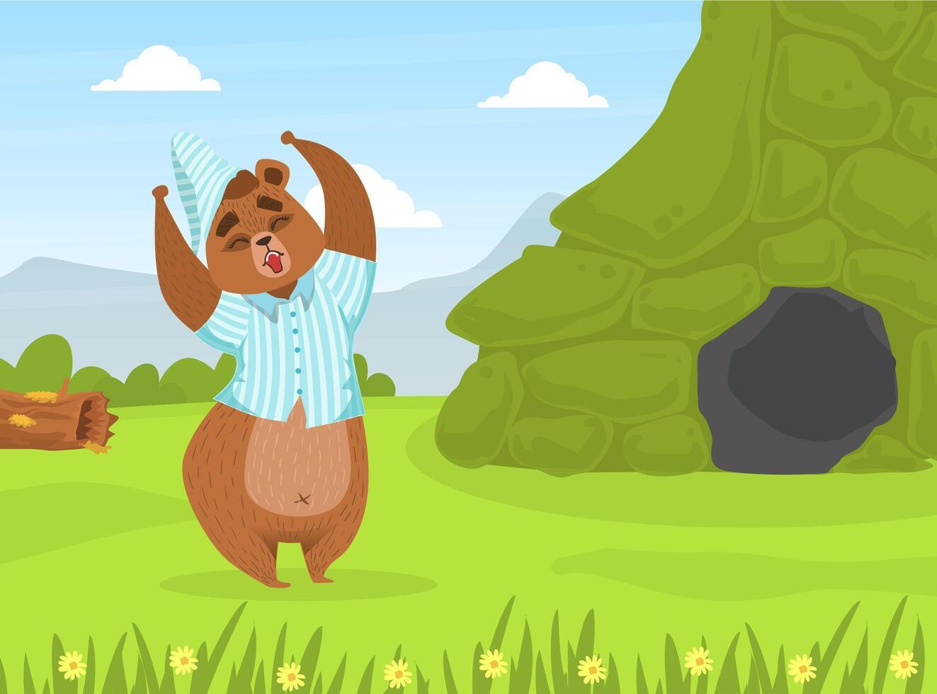 Cute Bron Bear in Pajamas and Cap Standing in front of Den on Summer Mountain Landscape Illustration vector