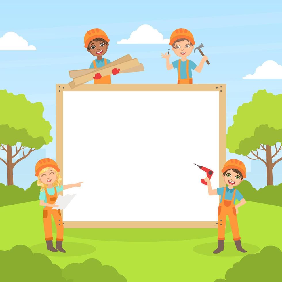 Cute Boys in Helmets with White Empty Banner, Smiling Little Builders Holding Professional Tools Illustration vector
