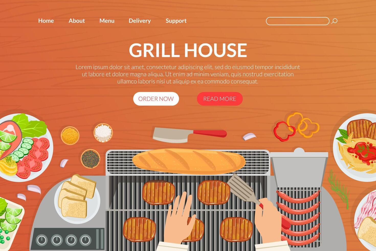 Grill House Tasty Dishes Landing Page Template, Top View of Table with Chefs Hands Cooking BBQ Homepage, Mobile App Illustration vector