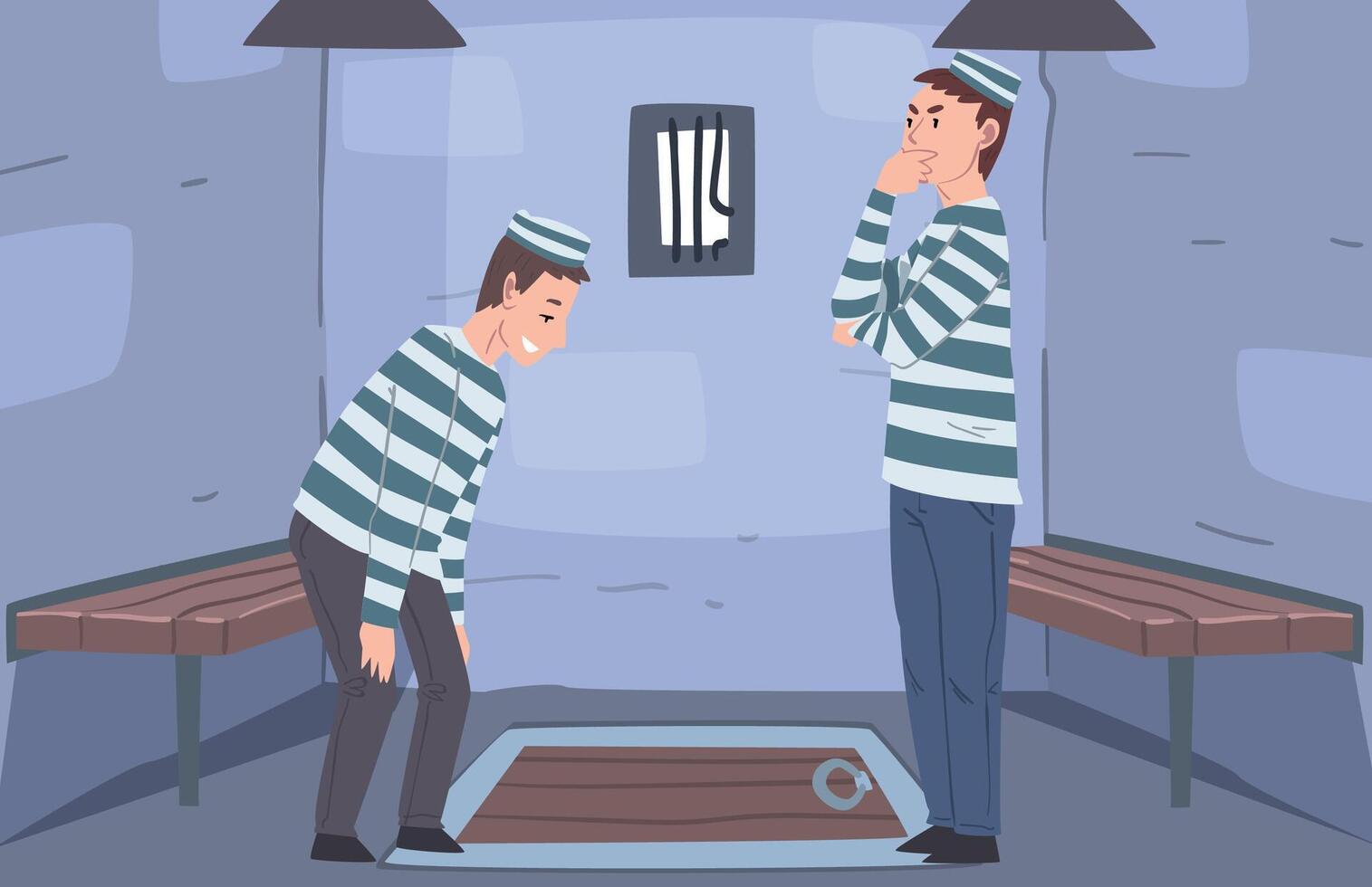 Escape Room Interior, Reality Quest with Two Men Prisoners Locked in Room and Looking for Escape Illustration vector